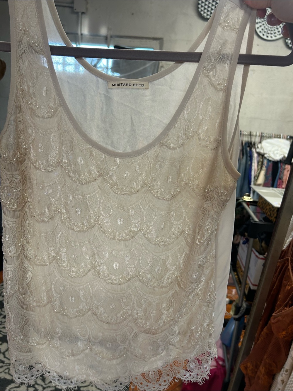 Mustard Seed Ivory Beaded Lace Tank Top